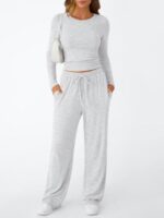 Trendy Queen Women's 2 Piece Matching Lounge Set Long Sleeve Side Ruching Top Wide Leg Drawstring Pants Set with Pockets - Image 2