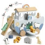 Joyreal Wooden Noah's Ark Toy for 1 Year Old Baby Boy and Girl Baptism Gift - Neutral Color Montessori Educational Toy with Animal Shape Sorter - Christian Toys for Toddler 1-3 Christmas Birthday Gift