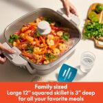 bella Make & Take Electric Skillet, Fits-anywhere™ kitchenware, EverGood™ Ceramic Coating, Adjustable Temperature & Dishwasher-Safe Tempered Glass Lid, Cast Aluminum Base, 1200 Watt, Oatmilk - Image 4