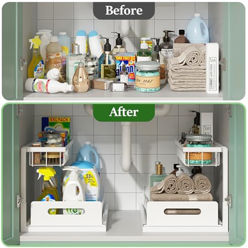 REALINN Under Sink Organizer, Pull Out Cabinet Organizer 2 Tier Slide Out Sink Shelf Cabinet Storage Shelves, Storage for Kitchen Bathroom, White, 2 Pack